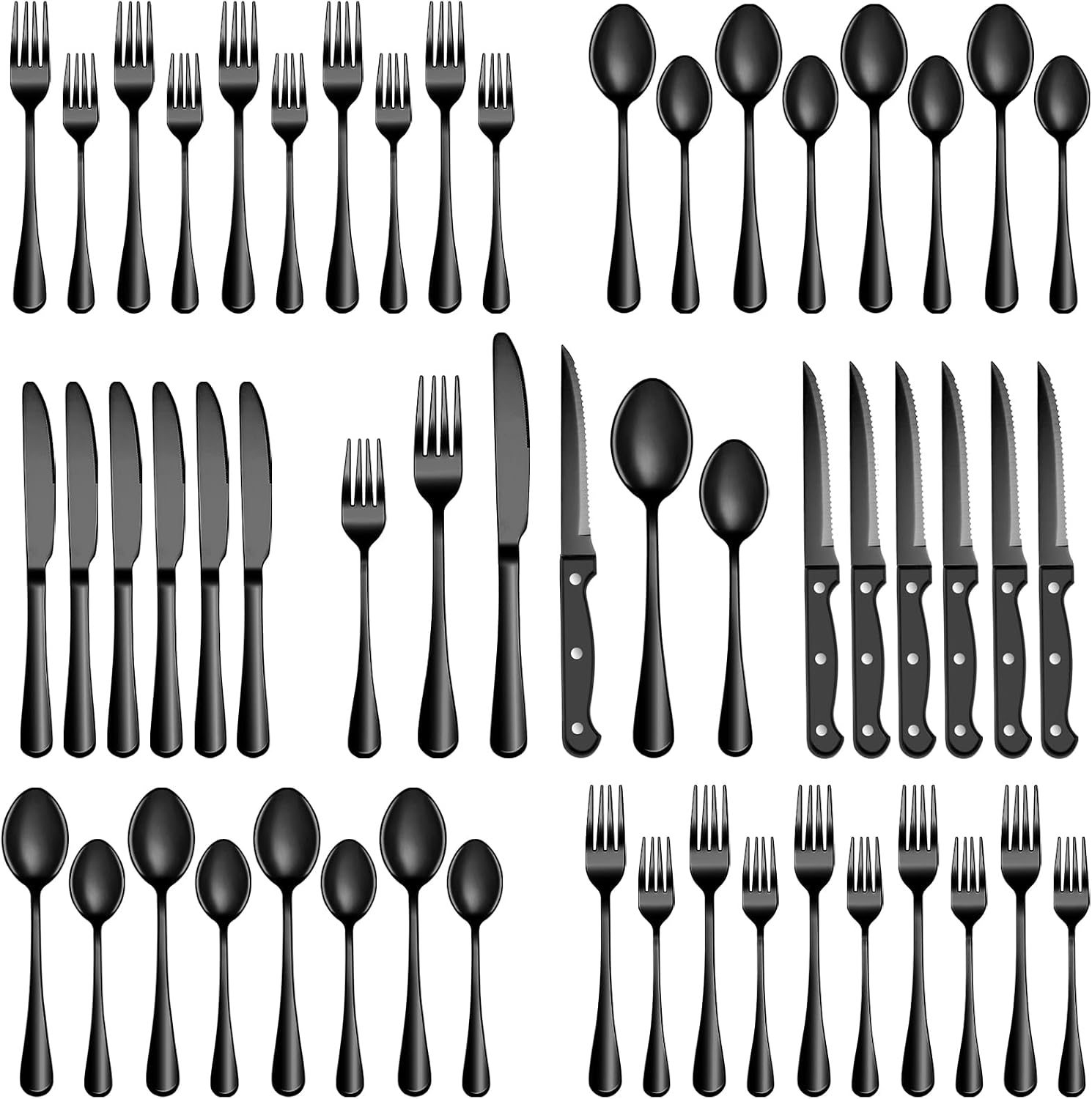 Commercial Kitchen Knife Set - 24/48 Pcs Black Silverware Set with